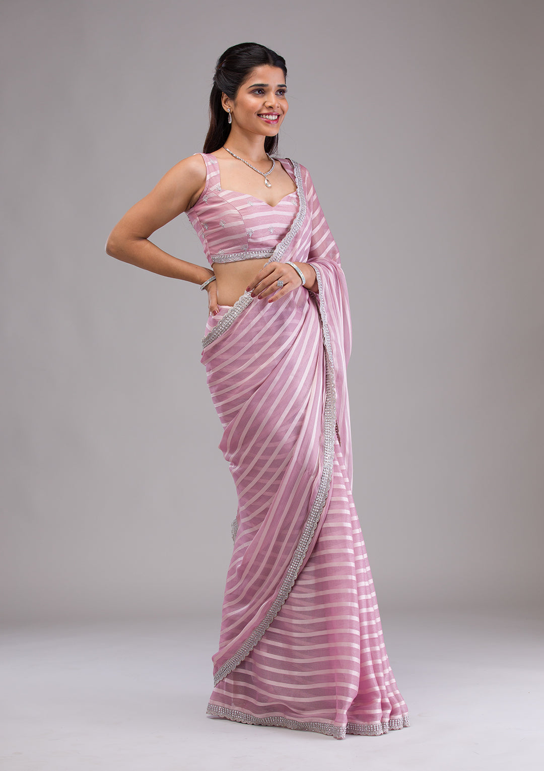 Lavender Stonework Semi Crepe Saree