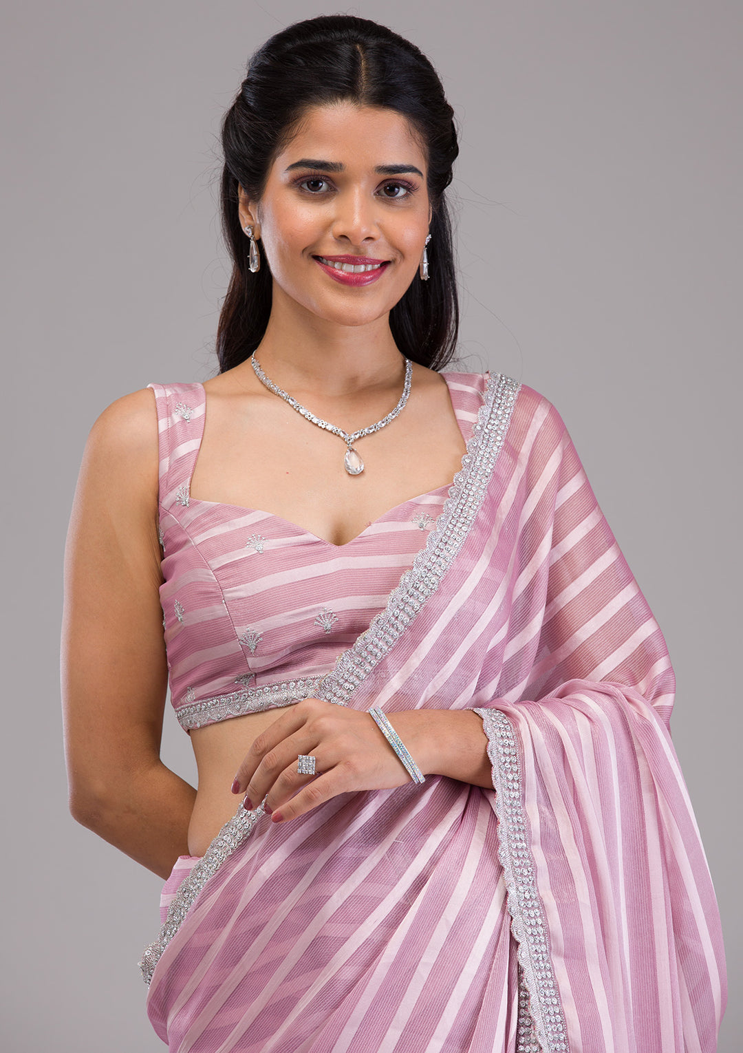 Lavender Stonework Semi Crepe Saree