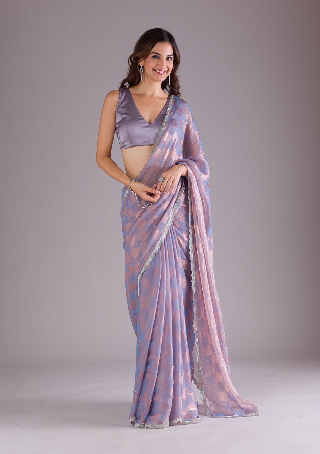 Lavender Stonework Semi Crepe Saree