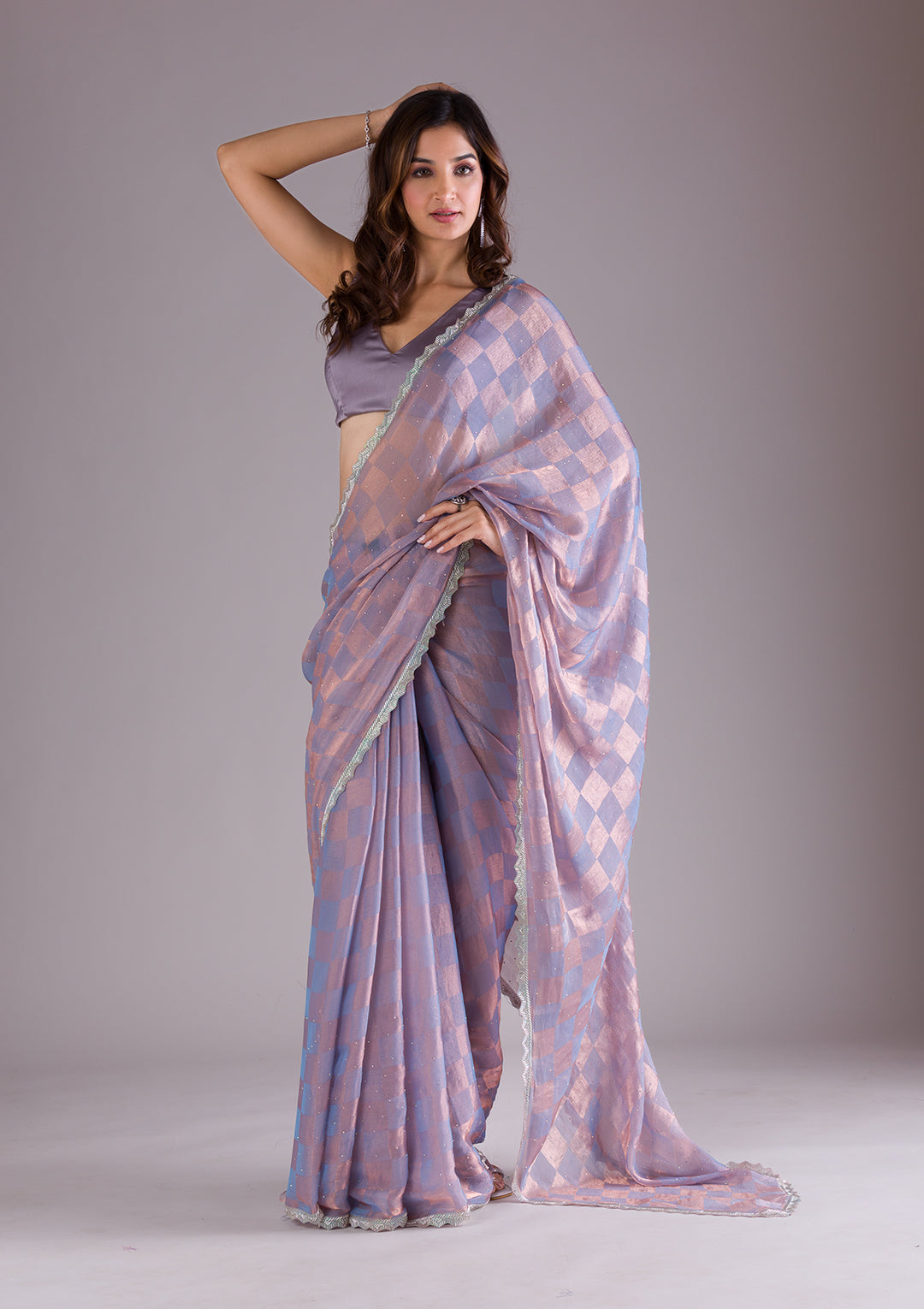 Lavender Stonework Semi Crepe Saree