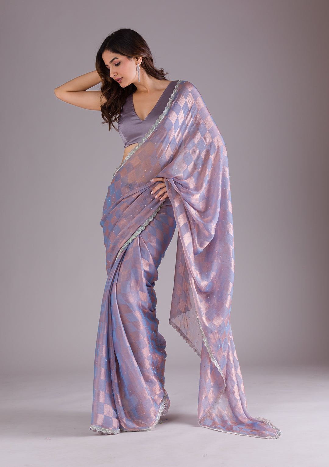 Lavender Stonework Semi Crepe Saree