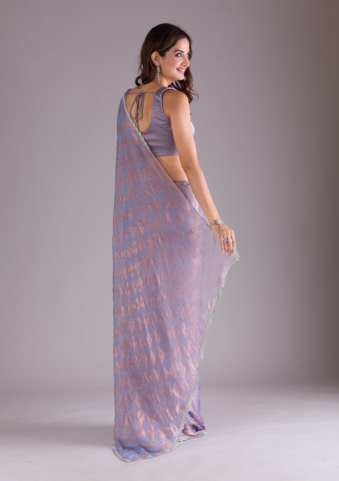 Lavender Stonework Semi Crepe Saree
