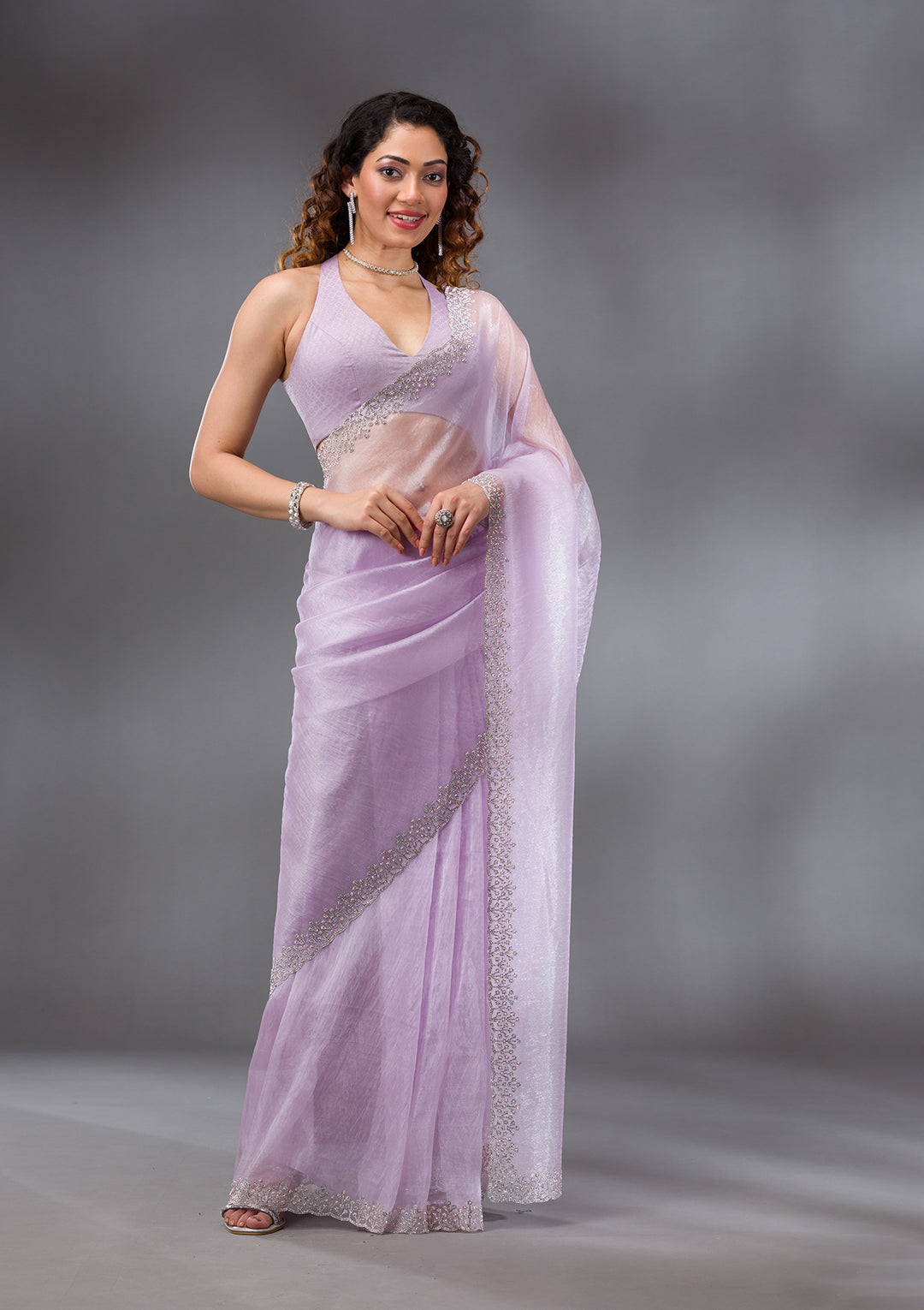 Lavender Stonework Tissue Saree