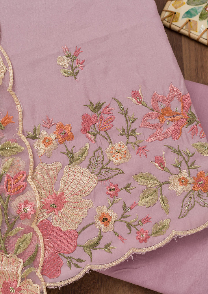 Lavender Threadwork Chanderi Unstitched Salwar Suit