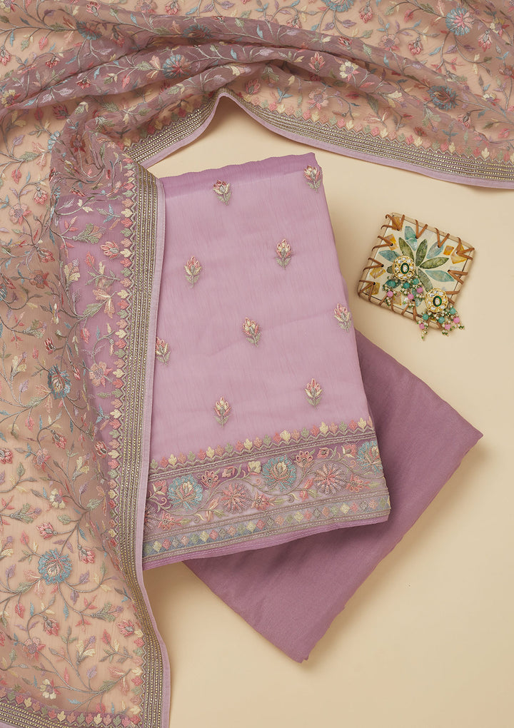 Lavender Threadwork Chiffon Unstitched Salwar Suit