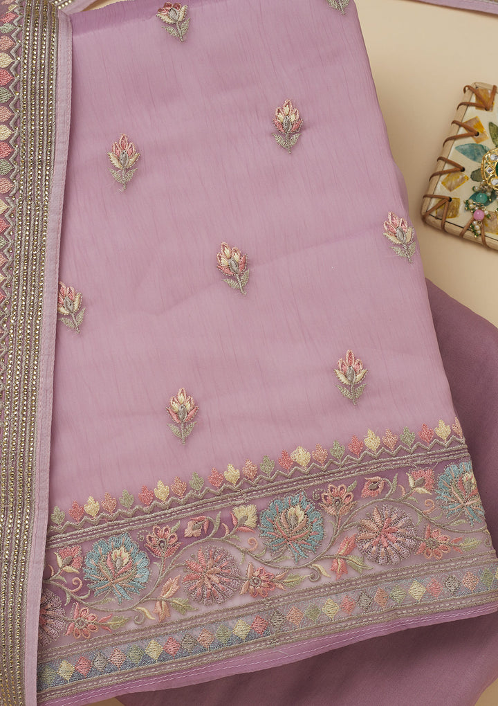 Lavender Threadwork Chiffon Unstitched Salwar Suit