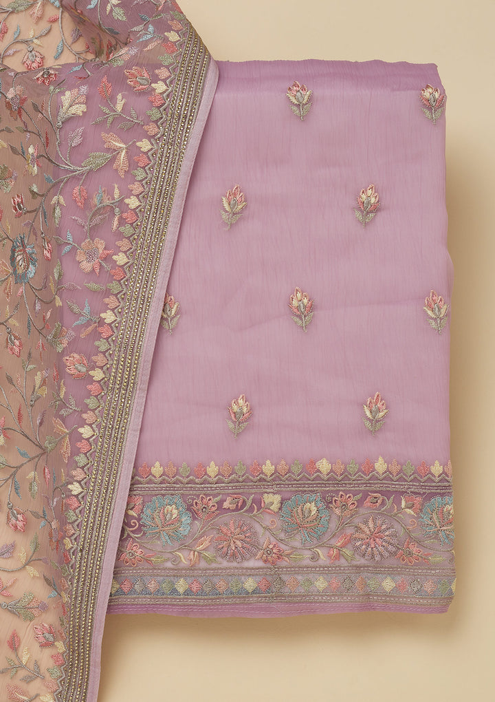 Lavender Threadwork Chiffon Unstitched Salwar Suit