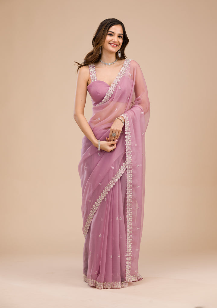 Lavender Silver Stonework Tissue Saree