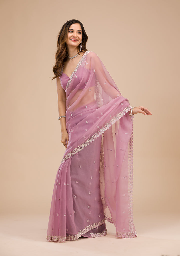 Lavender Silver Stonework Tissue Saree