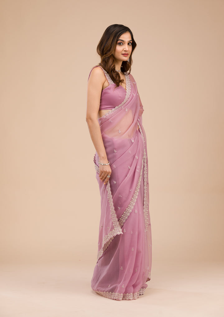 Lavender Silver Stonework Tissue Saree