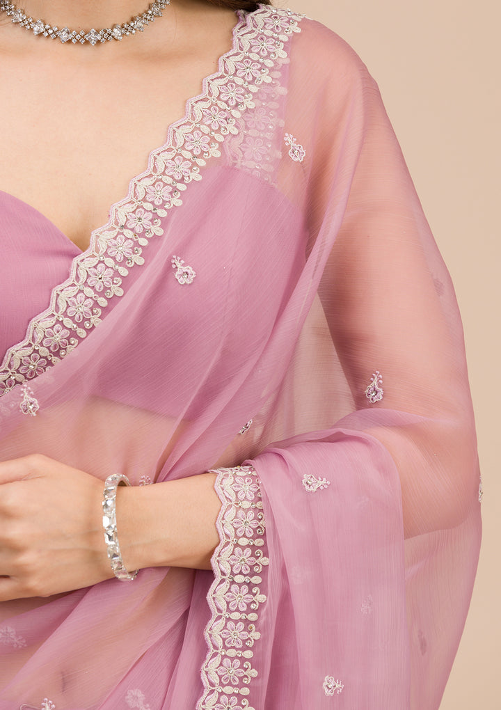 Lavender Silver Stonework Tissue Saree
