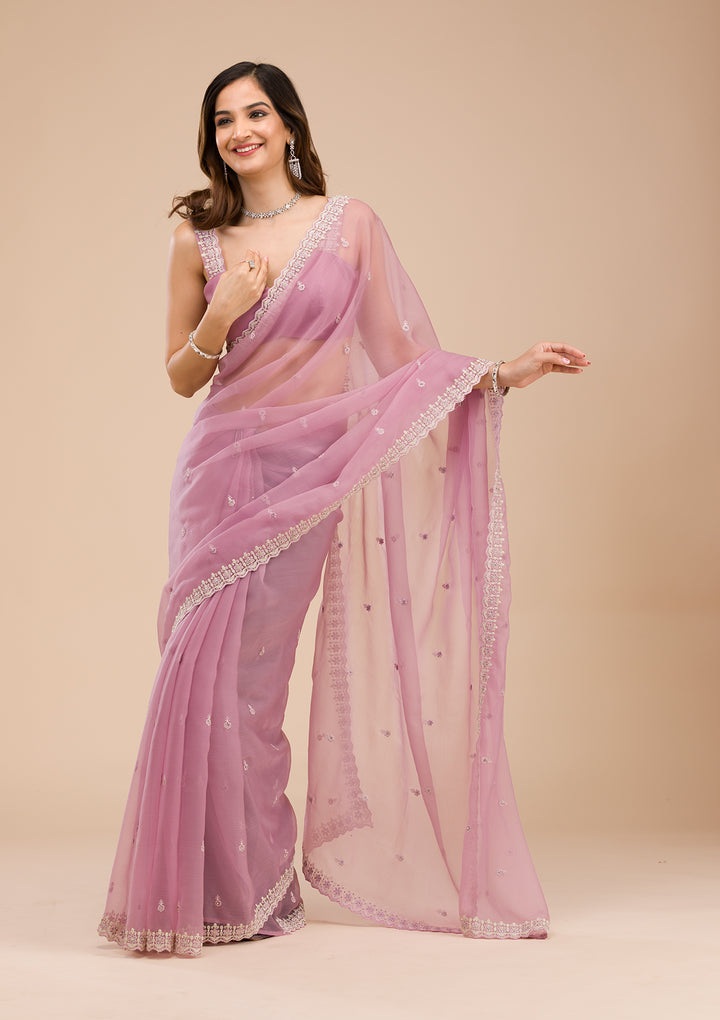 Lavender Silver Stonework Tissue Saree