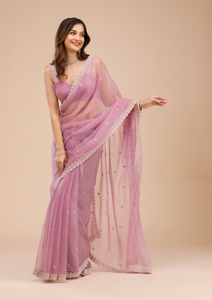 Lavender Silver Stonework Tissue Saree