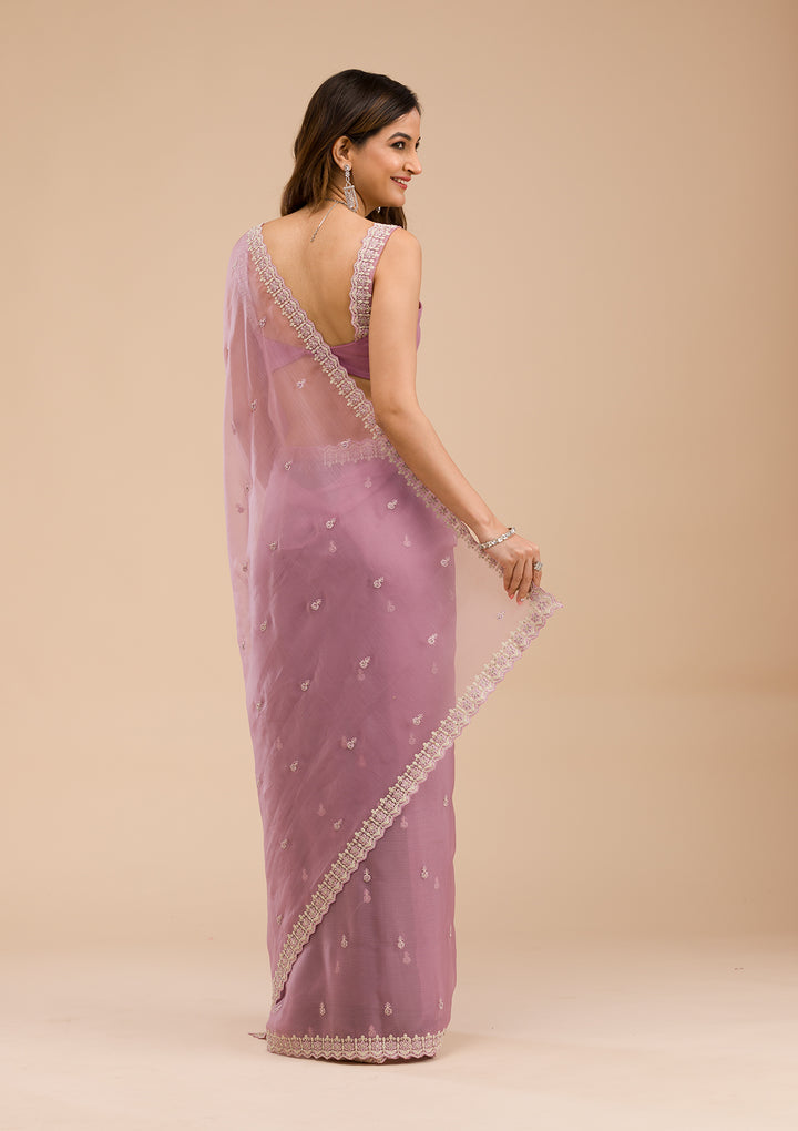 Lavender Silver Stonework Tissue Saree