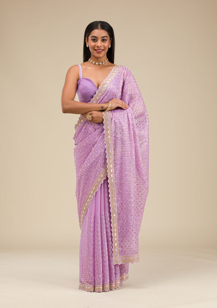 Lavender Threadwork Chiffon Saree