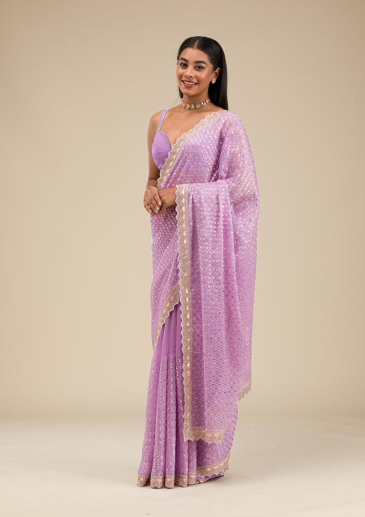 Lavender Threadwork Chiffon Saree