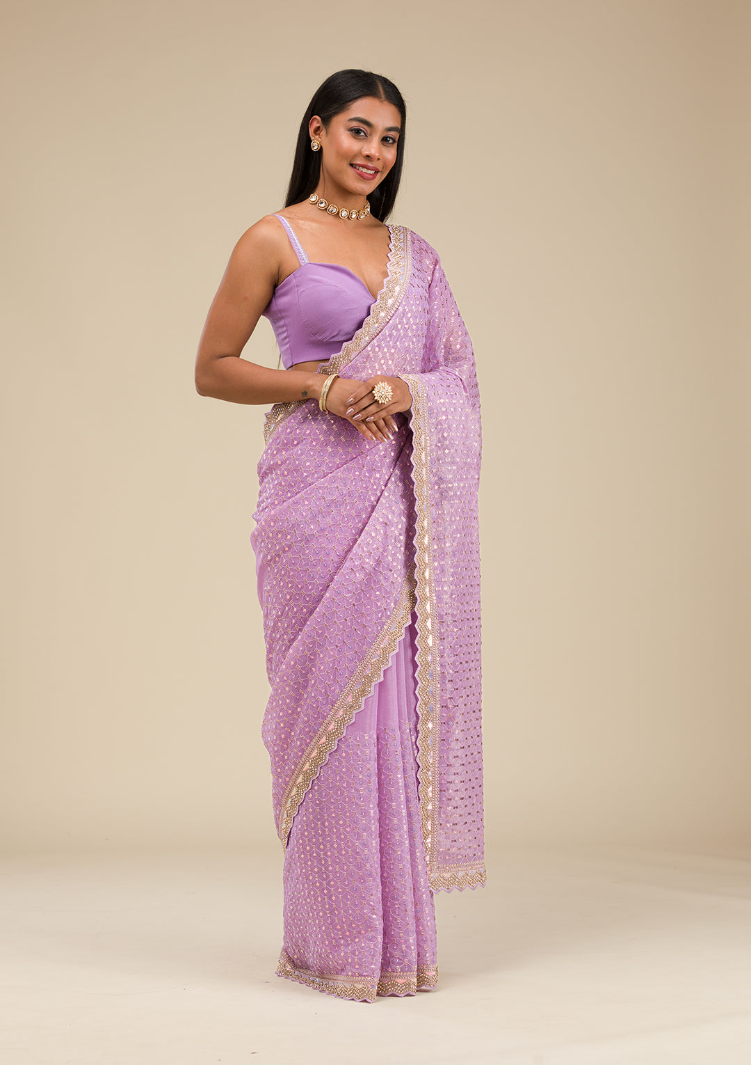 Lavender Threadwork Chiffon Saree