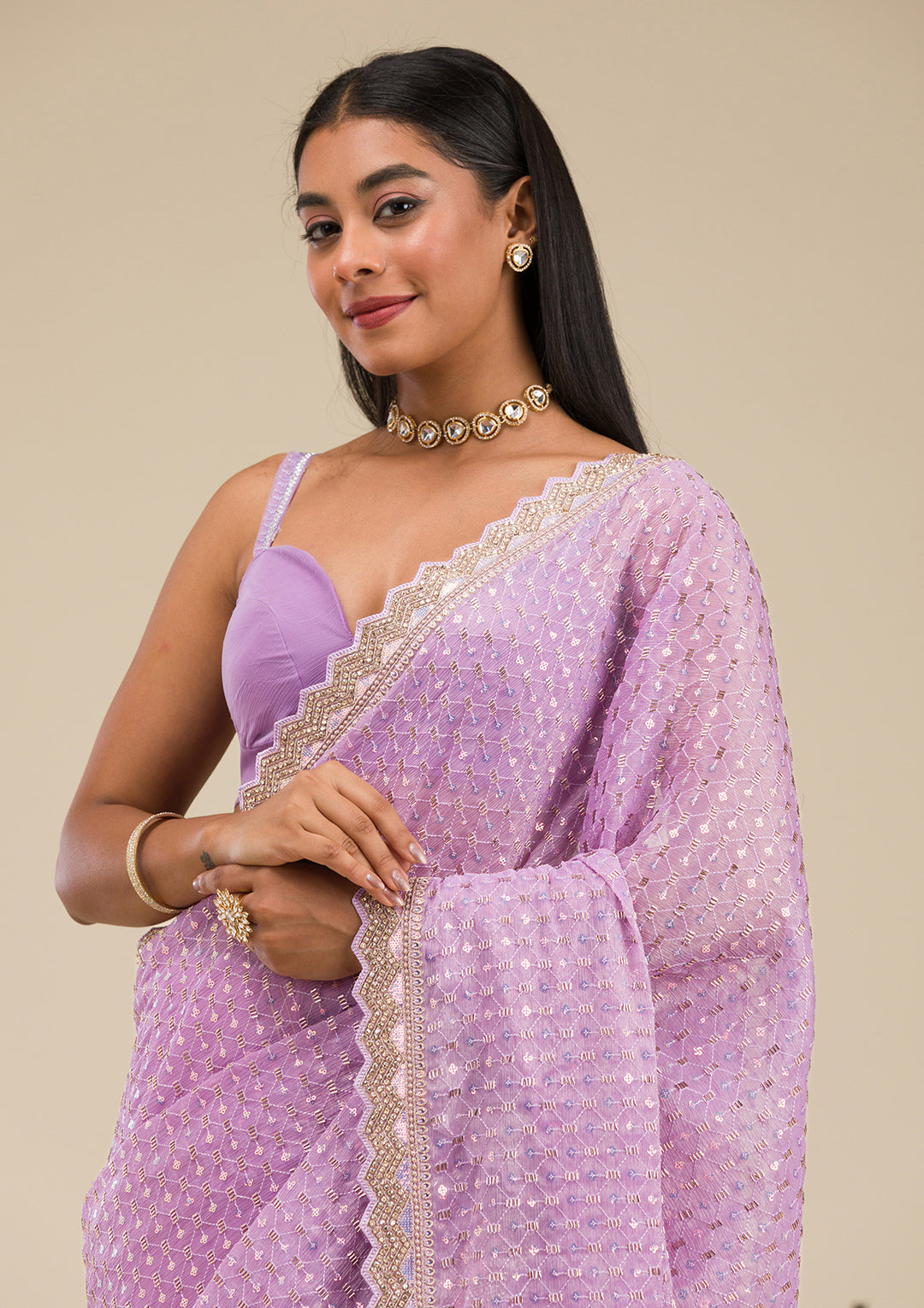 Lavender Threadwork Chiffon Saree