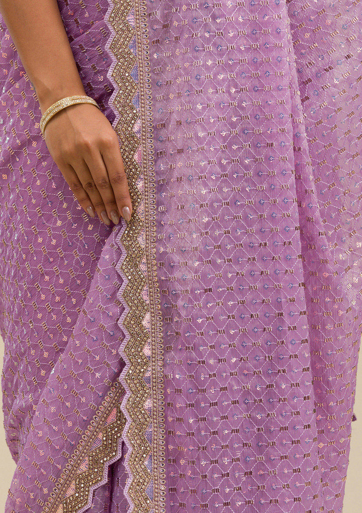 Lavender Threadwork Chiffon Saree