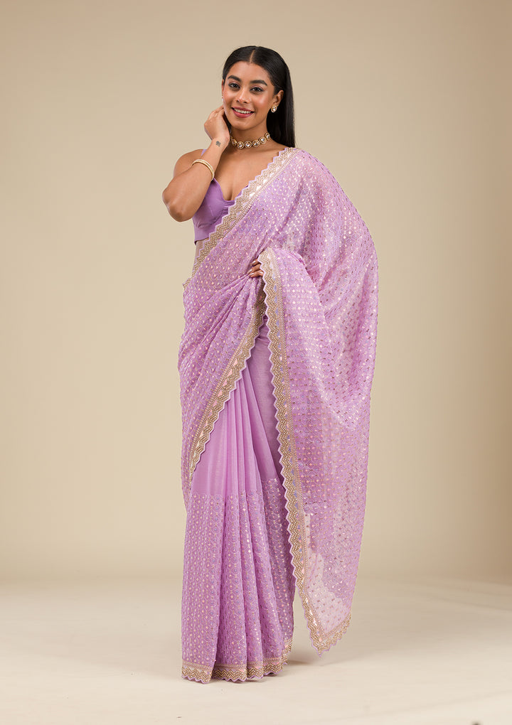 Lavender Threadwork Chiffon Saree