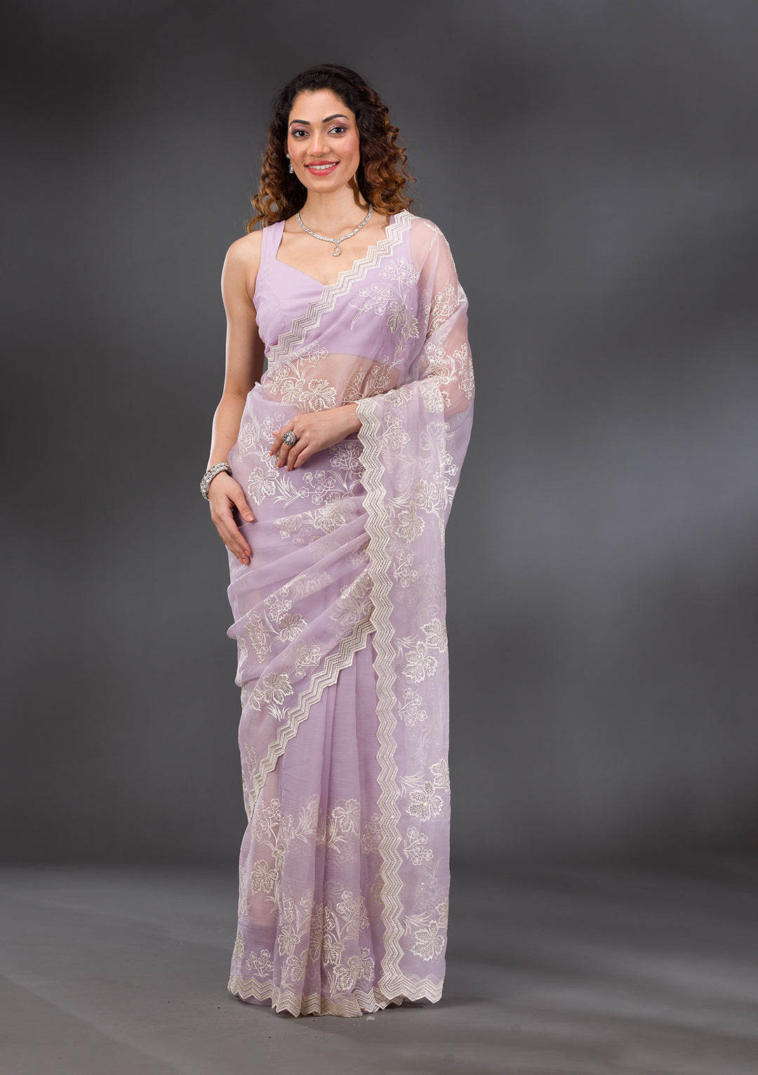 Lavender Threadwork Chiffon Saree