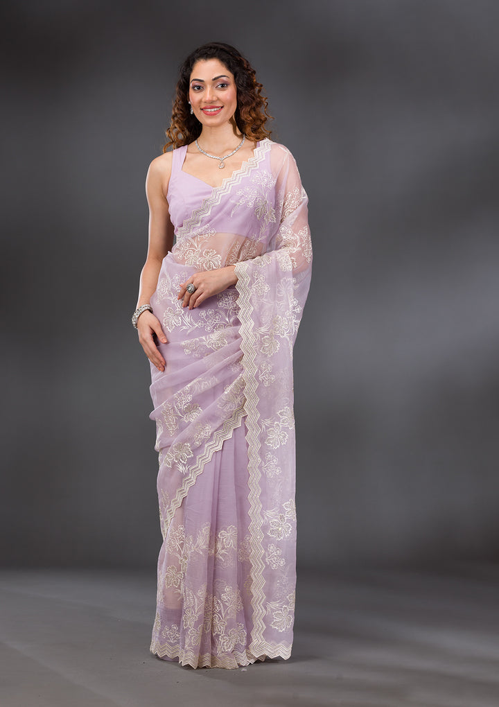 Lavender Threadwork Chiffon Saree