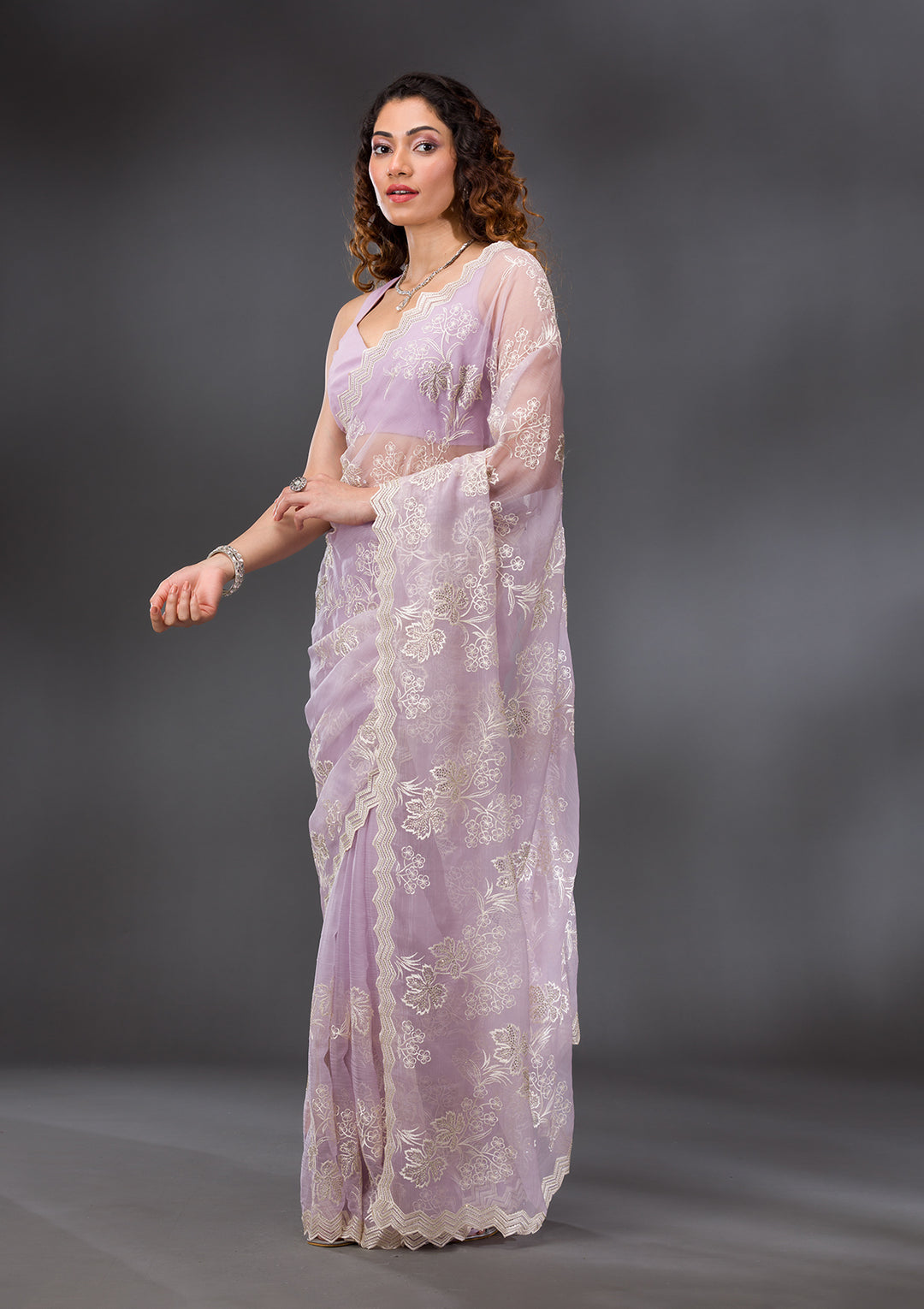 Lavender Threadwork Chiffon Saree