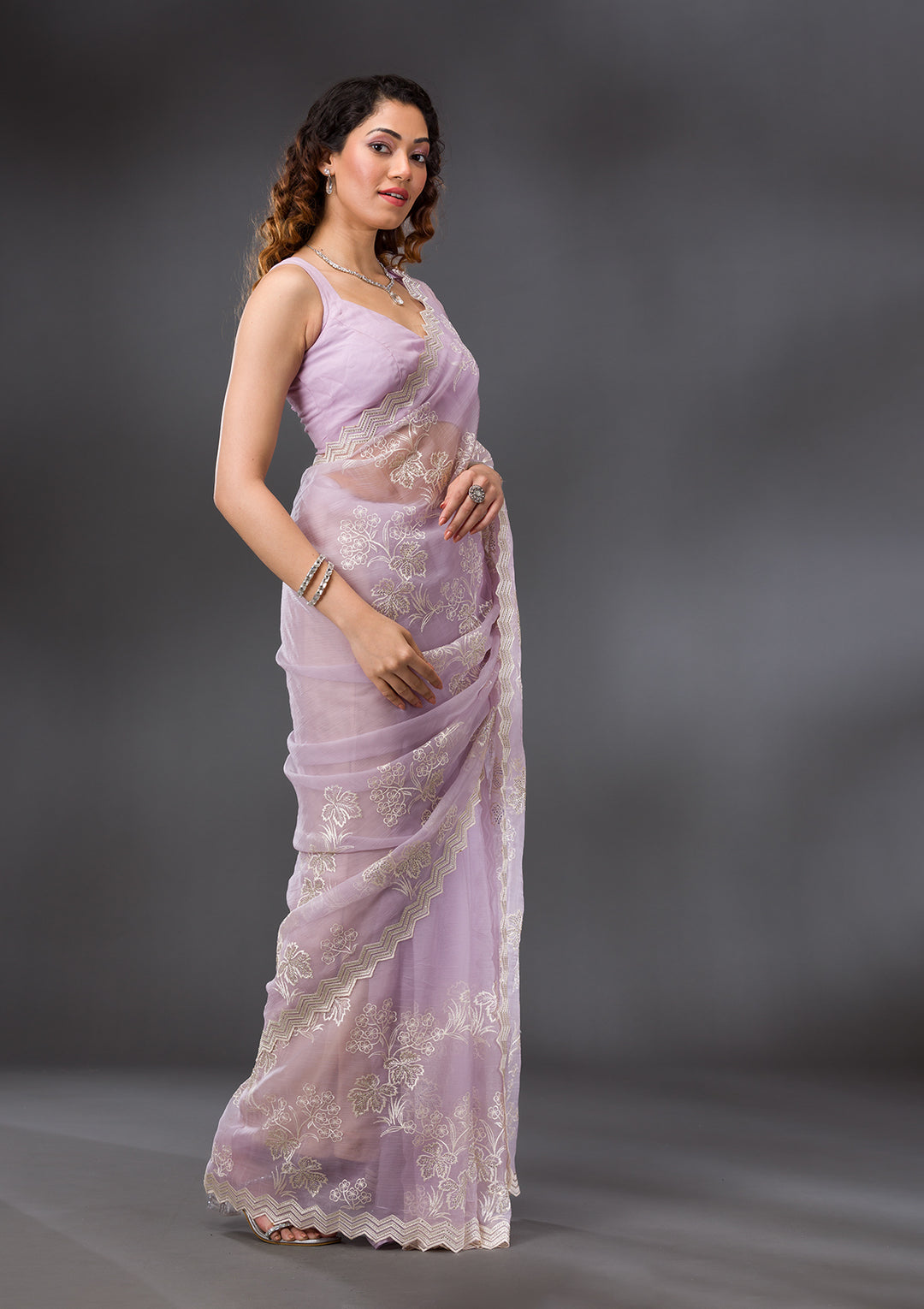 Lavender Threadwork Chiffon Saree
