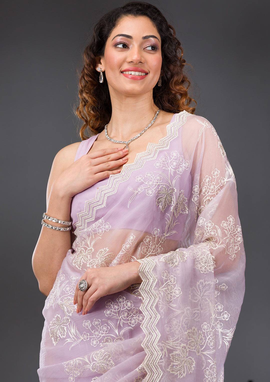 Lavender Threadwork Chiffon Saree