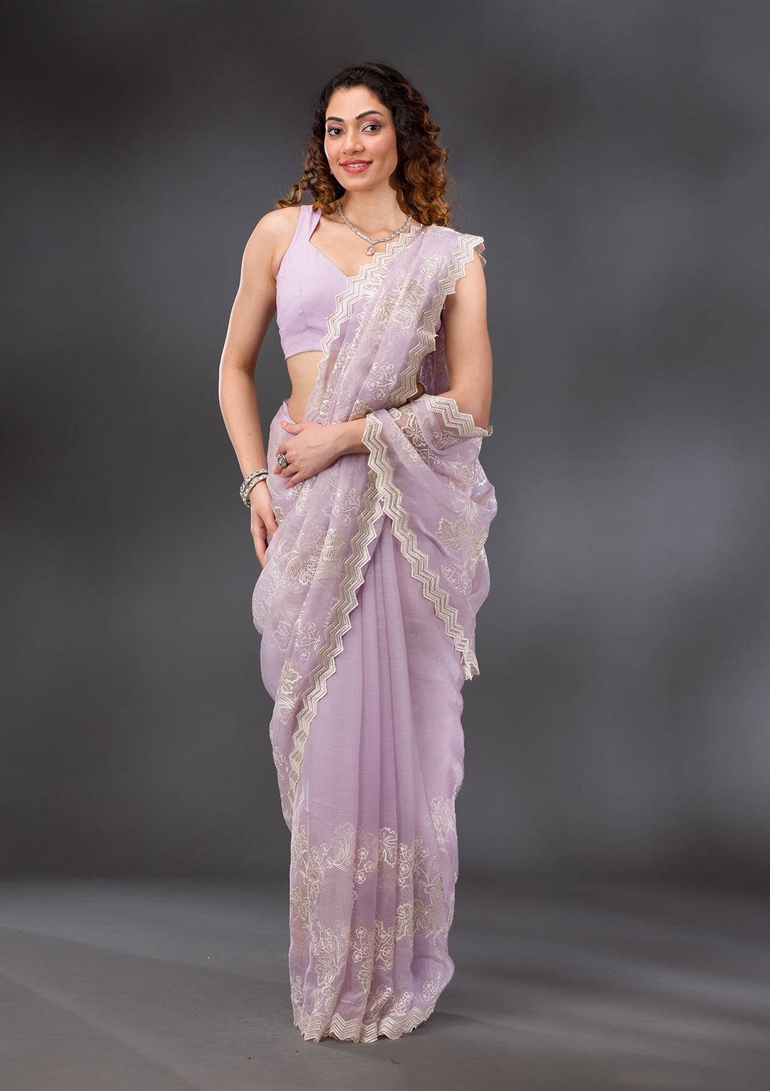 Lavender Threadwork Chiffon Saree