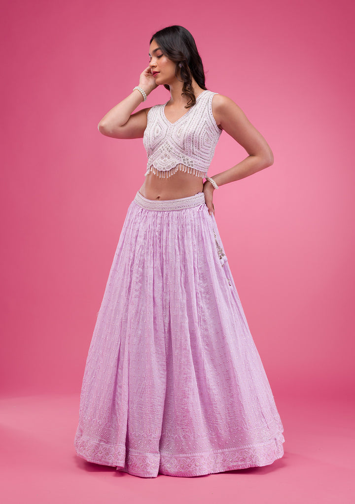Lavender Threadwork Georgette Readymade Lehenga-Koskii