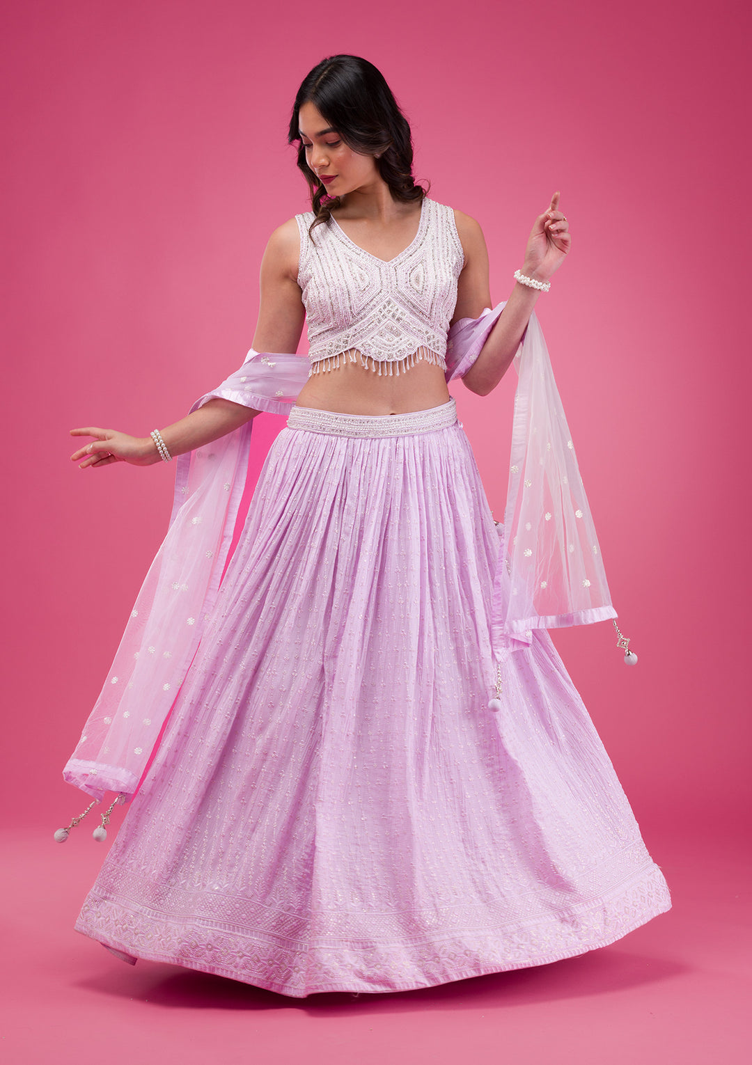 Lavender Threadwork Georgette Readymade Lehenga-Koskii