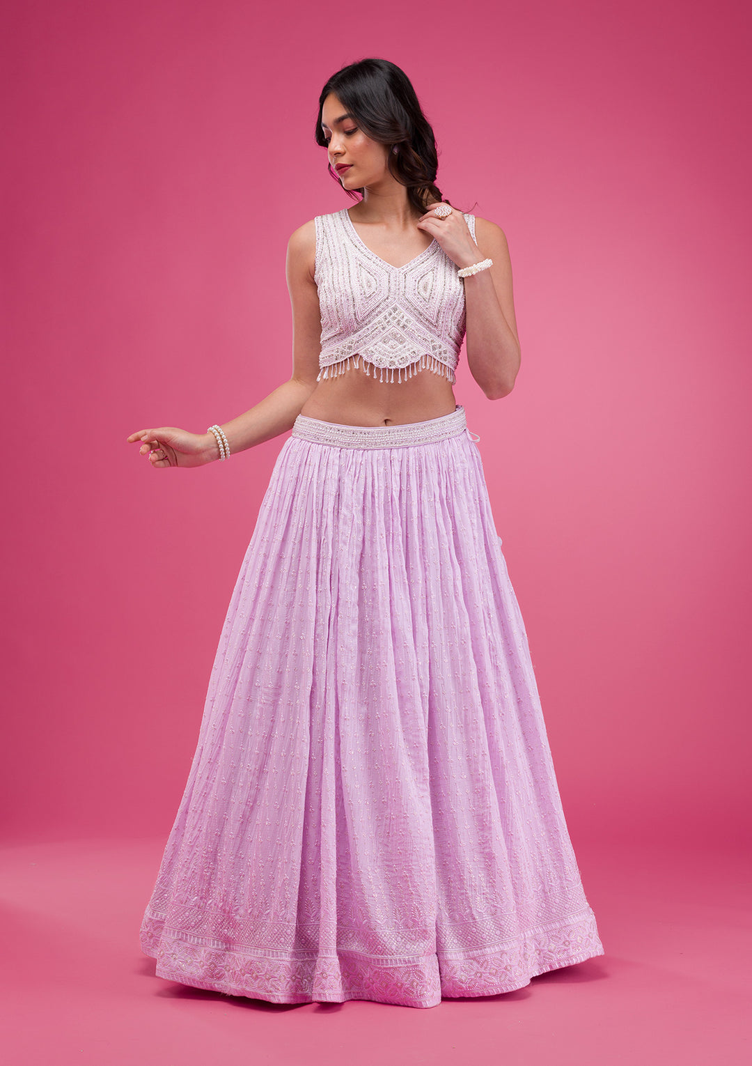 Lavender Threadwork Georgette Readymade Lehenga-Koskii