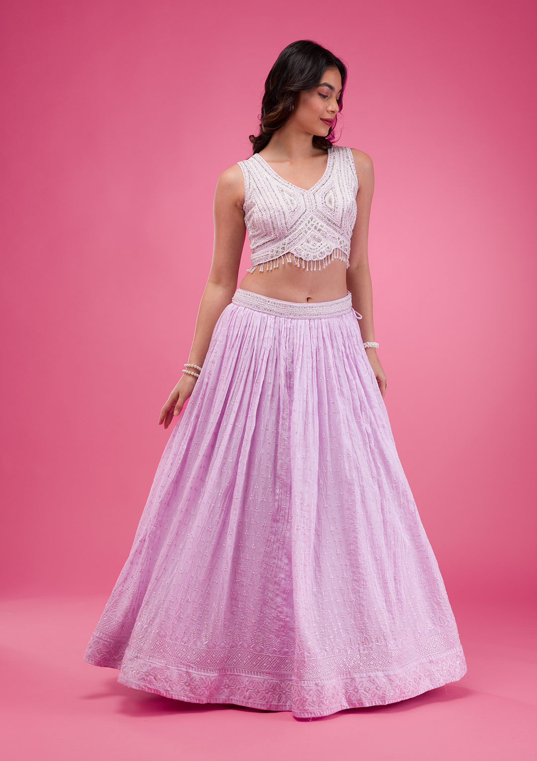 Lavender Threadwork Georgette Readymade Lehenga-Koskii