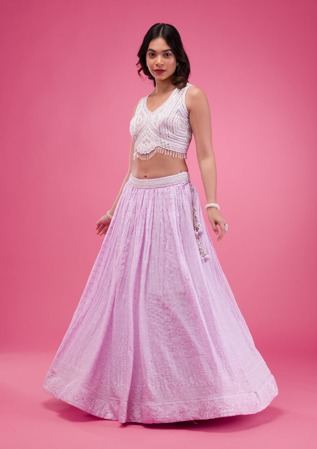 Lavender Threadwork Georgette Readymade Lehenga-Koskii
