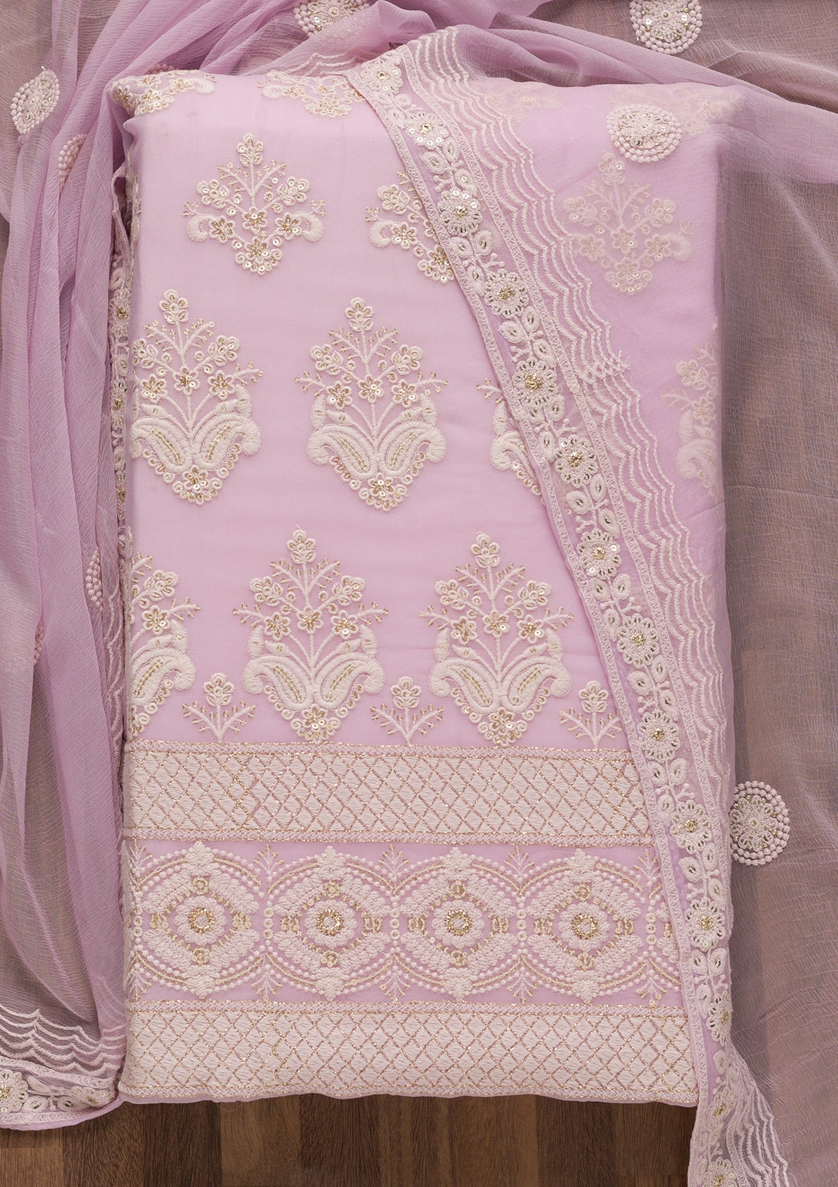 Lavender Threadwork Georgette Unstitched Salwar Suit
