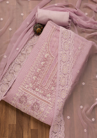 Lavender Threadwork Georgette Unstitched Salwar Suit-Koskii