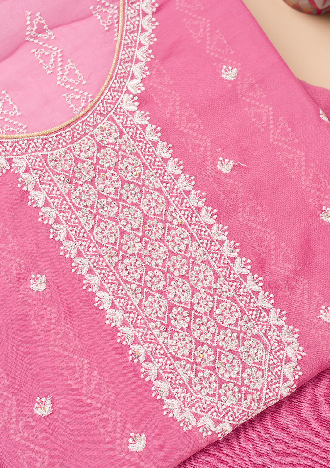 Pink Threadwork Georgette Unstitched Salwar Suit