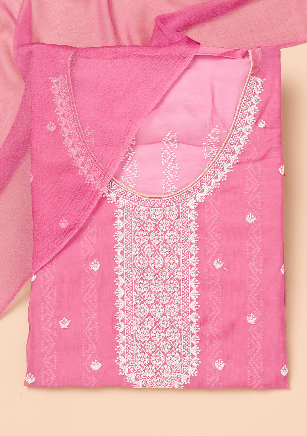 Pink Threadwork Georgette Unstitched Salwar Suit