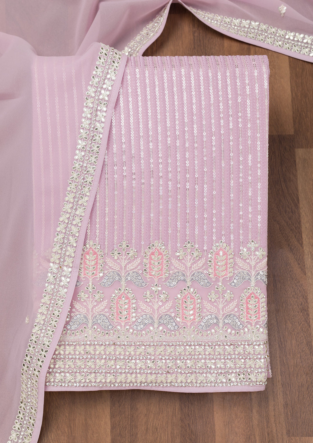 Lavender Threadwork Georgette Unstitched Salwar Suit