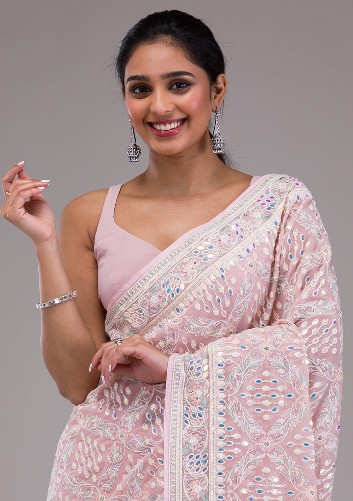 Lavender Threadwork Georgette Saree