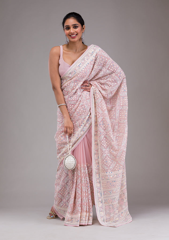 Lavender Threadwork Georgette Saree