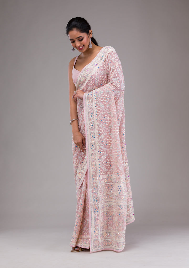 Lavender Threadwork Georgette Saree