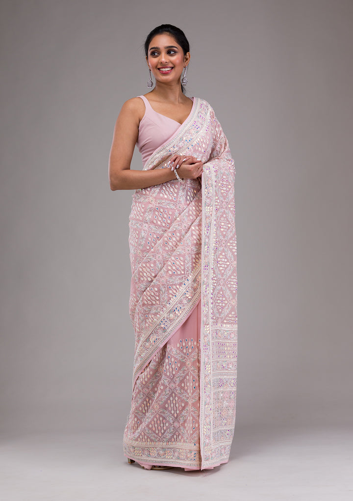 Lavender Threadwork Georgette Saree
