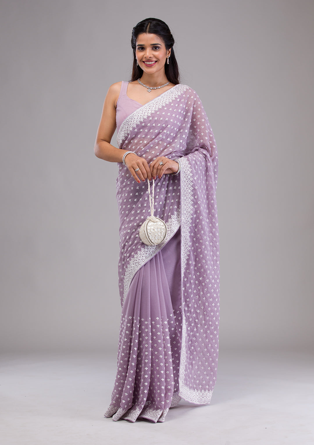 Lavender Threadwork Georgette Saree