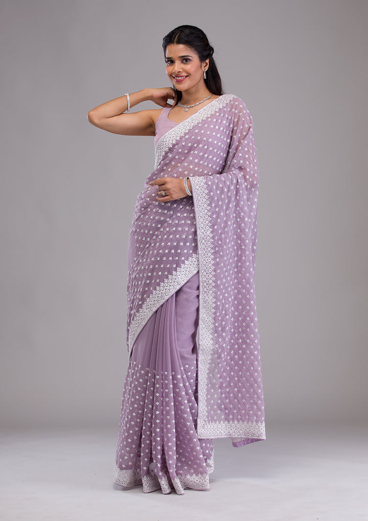 Lavender Threadwork Georgette Saree