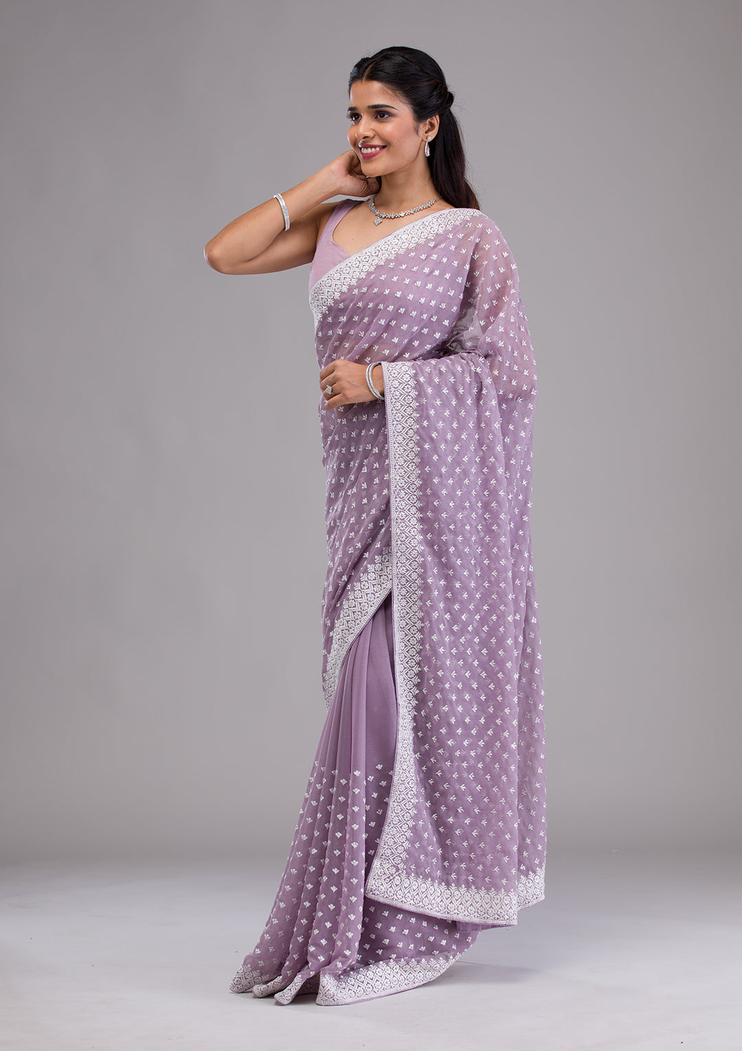 Lavender Threadwork Georgette Saree