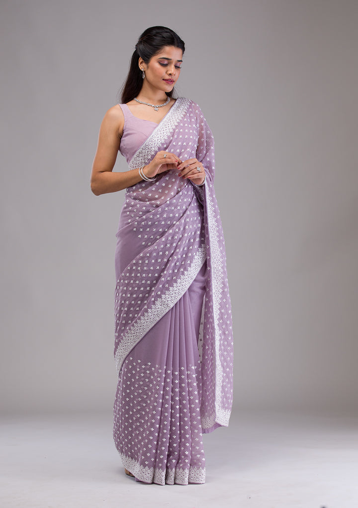 Lavender Threadwork Georgette Saree