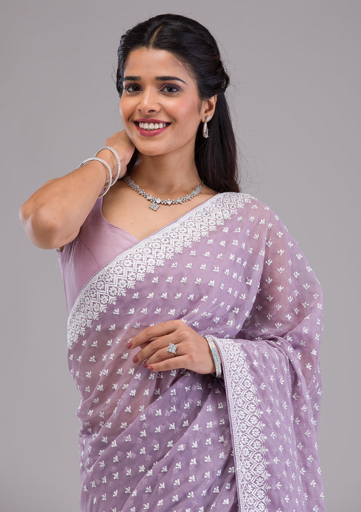 Lavender Threadwork Georgette Saree
