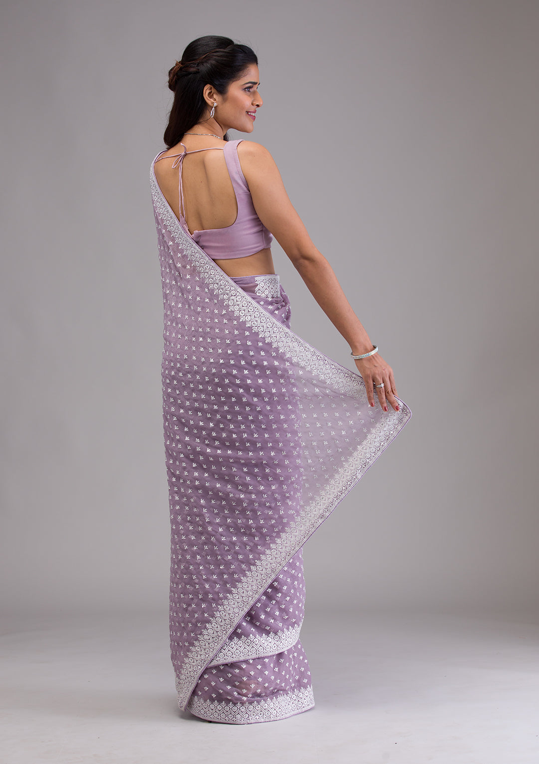 Lavender Threadwork Georgette Saree